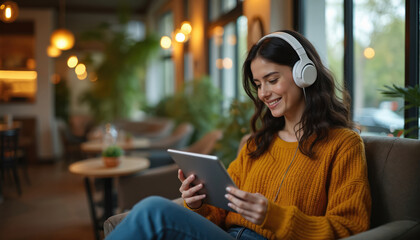 Young woman with headphones enjoys tablet in cozy cafe. Wears warm yellow sweater, blue jeans, smiling watching content. Ambient cafe environment with plants, soft lighting creates peaceful