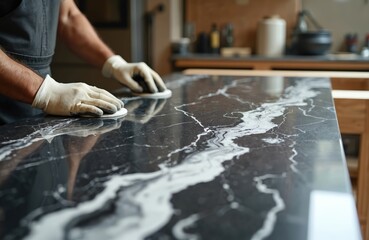 Craftsman polishes new black marble countertop with white veining in kitchen. Natural stone installation enhances workspace with luxurious, sleek finish. Home renovation updates style, adds elegance.