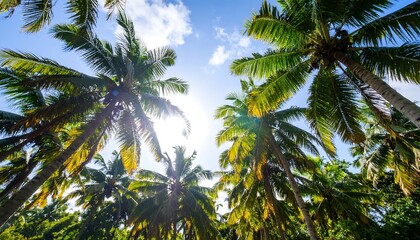 Fototapeta premium Lush tropical palm trees fill the vibrant sky, showcasing a bright, sunny day.