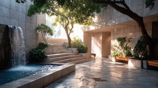 Sunlit Courtyard with Fountain and Lush Greenery - Powered by Adobe