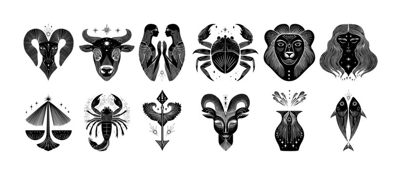 Collection Astrological black and white zodiac symbol signs with intricate abstract design Aries Taurus Gemini  Cancer Leo  Virgo Libra Scorpio Sagittarius Capricorn Aquarius Pisces