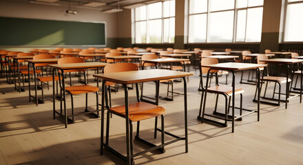 Empty classroom with rows of student desks bathed in warm sunlight ready for learning and education