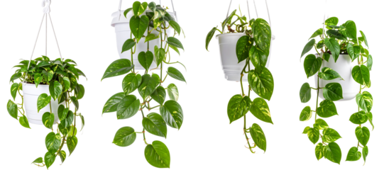Four Hanging Golden Pothos Plants in White Pots