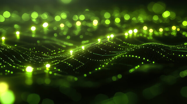 Abstract representation of digital data flowing in a vibrant green network during nighttime