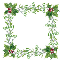 Set of bright watercolor mistletoe and holly berry illustrations. Collection of watercolour Christmas tree branches, leaves and berries for New Year greeting cards and banner decor