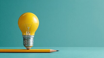 Illuminating Ideas: A yellow light bulb rests gently on a yellow pencil against an aqua background. Symbolizes creativity and innovation in a minimalist design.