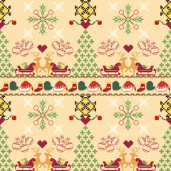 Cross-stitch seamless pattern with Christmas trees and reindeer. Vector illustration. Christmas pixel seamless pattern. Design for wrapping, wallpaper, cards, and tiles.