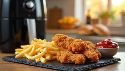 Crispy chicken tenders and golden french fries served with ketchup in a modern kitchen. Air fryer on counter, suggests healthier cooking. Delicious meal, perfect for lunch or dinner.