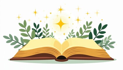 Open book with yellow pages, surrounded by green leaves, sparkling yellow stars. Image knowledge, learning, magic of literature. Perfect for educational fantasy themes, represents discovery, growth.