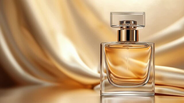 Luxurious golden silk backdrop showcases elegant perfume bottle