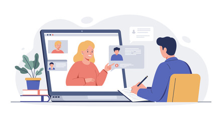 Professional virtual meeting with business colleagues collaborating online from modern workspace on laptop