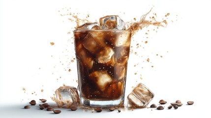 A refreshing glass of iced coffee with ice cubes, splashing liquid, and coffee beans scattered around.