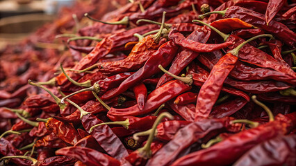 A closeup captures the intense color and texture of a heap of dried red chili peppers