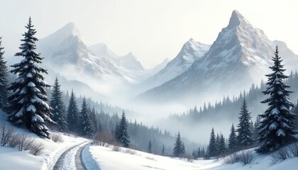 Winter panorama of snow covered mountain range with evergreen forest. Pristine snow blankets the landscape. Tranquil scene with towering peaks, fog in valley. Cold, silent, vast nature beauty.