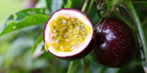 A vibrant passion fruit cut open reveals its juicy, yellow interior with its seeds, showing the exotic fruit's beauty.