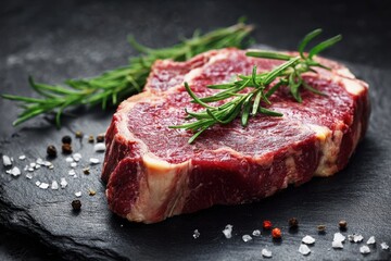 Fresh cut ribeye steak garnished with rosemary and spices, set on a slate background, highlighting its rich color and texture.