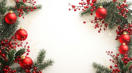 Festive Christmas Ornament and Holly Sprig Border