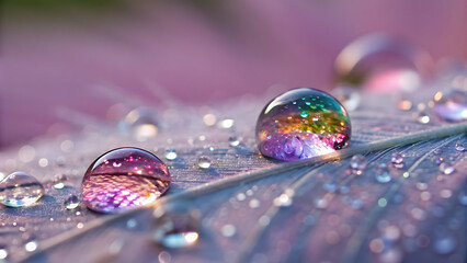Naklejka premium Water droplets on a feather reflect the surrounding colors in a macro closeup