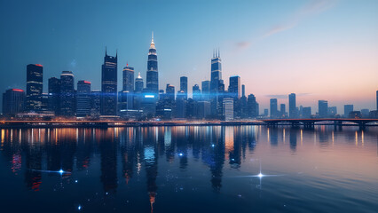 Obraz premium Sci-Fi City Skyline at Dusk with Reflections and Glowing Accents 