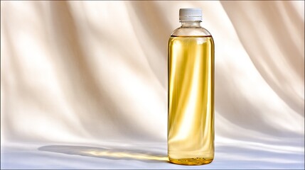Naklejka premium Transparent plastic bottle filled with golden liquid stands on soft fabric background, showcasing the product's clarity and color in an elegant presentation