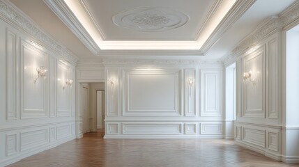 Opulent, white paneled room with ornate ceiling, wood floor, and soft, ambient lighting