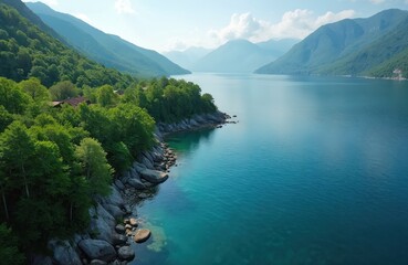 Drone aerial view captures rich green mountains meeting tranquil turquoise water. Rocky shoreline dotted with trees leads to calm bay. Remote cabins nestled among trees suggest peaceful secluded