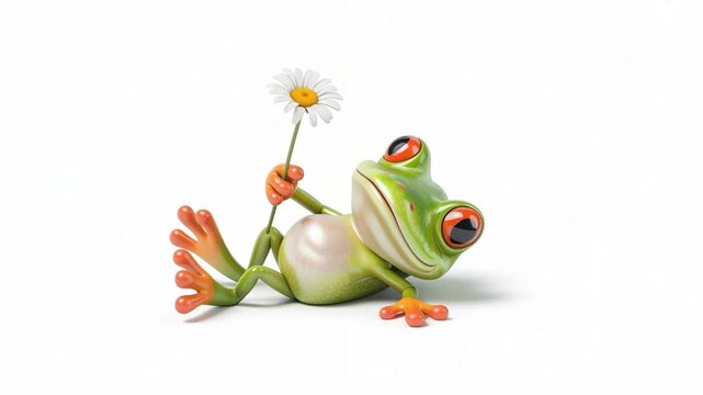 Cute frog cartoon frog holding flower laying back happy playful