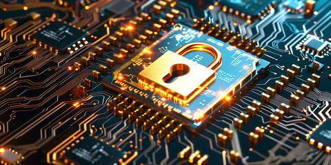 Circuit Board with Golden Padlock Securing Central Chip