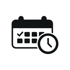 Simple vector calendar icon in black silhouette minimalist style. Perfect for apps, websites, presentations, and graphic projects related to dates, schedules, planning, and events.