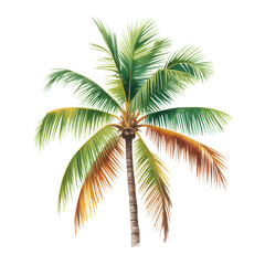 A vibrant watercolor illustration of a tropical palm tree with a robust trunk and lush fronds.