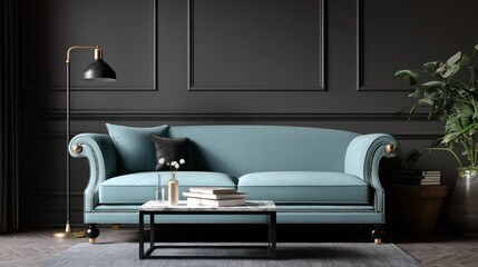Elegant interior showcasing a teal sofa, modern lamp, and marble coffee table