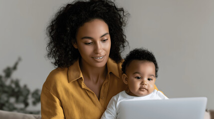 Obraz premium mother holding her baby while working on laptop