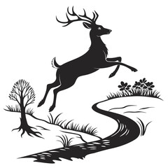 Deer leaping over stream silhouette