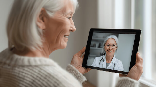  elderly woman enjoying telehealth session, holding tablet, and conversing with her doctor