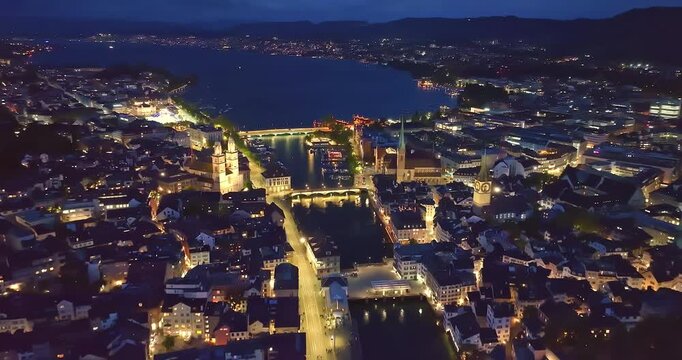 Aerial view of Zurich city with night illuminated. Switzerland