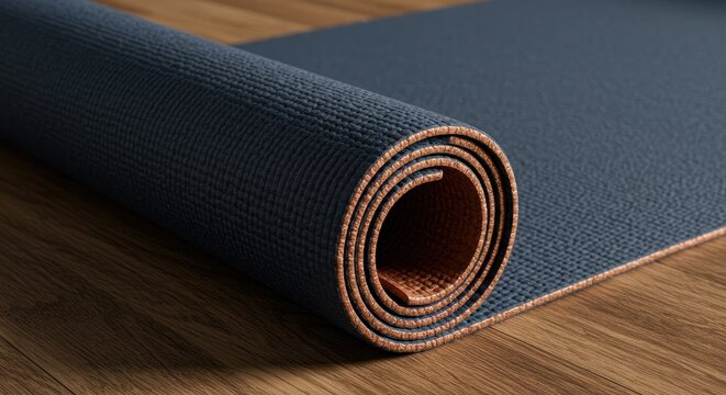 Rolled up dark blue yoga mat with textured surface resting on a wooden floor