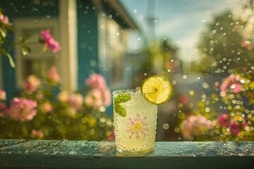 Lemonade with lime and mint in a garden setting, bokeh effect.