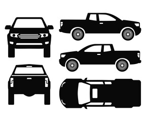 Pickup truck Silhouette Icon Set Side, Front, Back, and Top View on White Background

