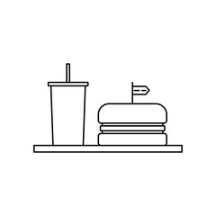Minimalist line icon showing a burger and soft drink on a tray. Represents fast food, takeout, meal combo, or restaurant service. Perfect for food delivery, menu design, or culinary-themed content