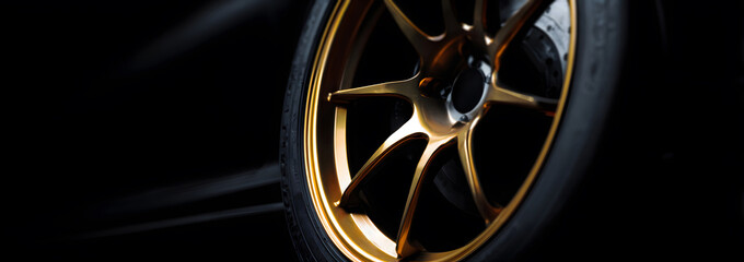 close-up of car wheel with gold rim on dark background captured in minimalistic banner style, emphasizing metallic design texture and luxury automotive detail highlighting strength