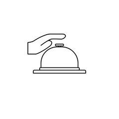 Outline icon of a hand pressing a service bell. Minimalist symbol representing hotel service, front desk call, or customer assistance. Ideal for hospitality and travel-related content