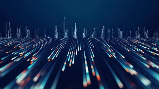 Abstract digital data stream, showing parallel lines of glowing, multicolored data points, against a deep blue backdrop