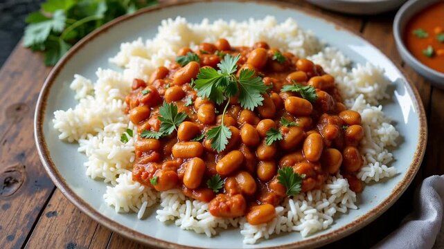 Delicious Rajma Chawal: A Detailed Overhead View of Garnished Indian Cuisine Showcasing Rich Colors and Culinary Artistry in 4K Video Footage