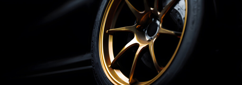 close-up of car wheel with gold rim on dark background captured in minimalistic banner style, emphasizing metallic design texture and luxury automotive detail highlighting strength