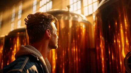 Brewery Enthusiast: person intently observing the intricate process of brewing in a warm, inviting brewery environment, highlighting the care and dedication in craftsmanship - Powered by Adobe
