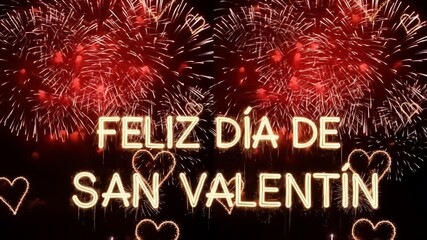 Romantic Valentine's Day fireworks celebration with glowing hearts and bright sparks and Spanish. - Powered by Adobe
