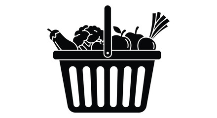 Black silhouette of a shopping basket filled with fresh fruits and vegetables