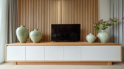 Interior shot featuring a wooden cabinet with a television, vases, and a slatted wood backdrop