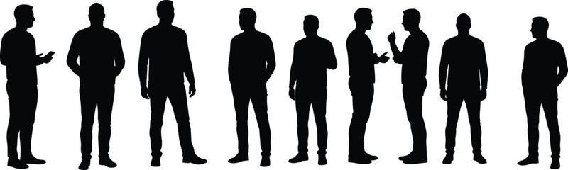Group of men standing and talking, silhouette style, casual clothing, social interaction, communication, teamwork, friendship, modern lifestyle, isolated white background.