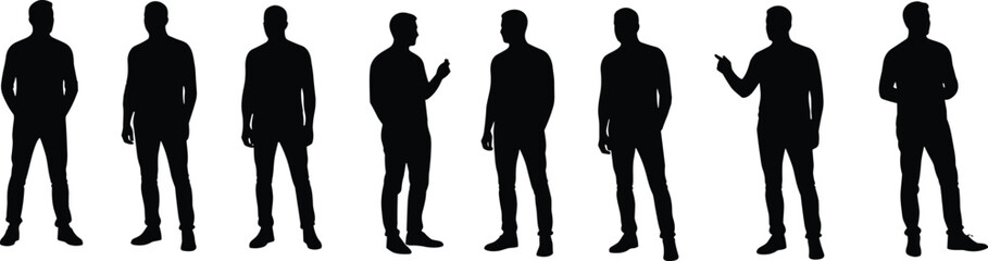 Group of men standing silhouette, casual poses, social interaction, communication, talking, diverse expressions, isolated white background, teamwork, modern lifestyle, collaboration, male group.